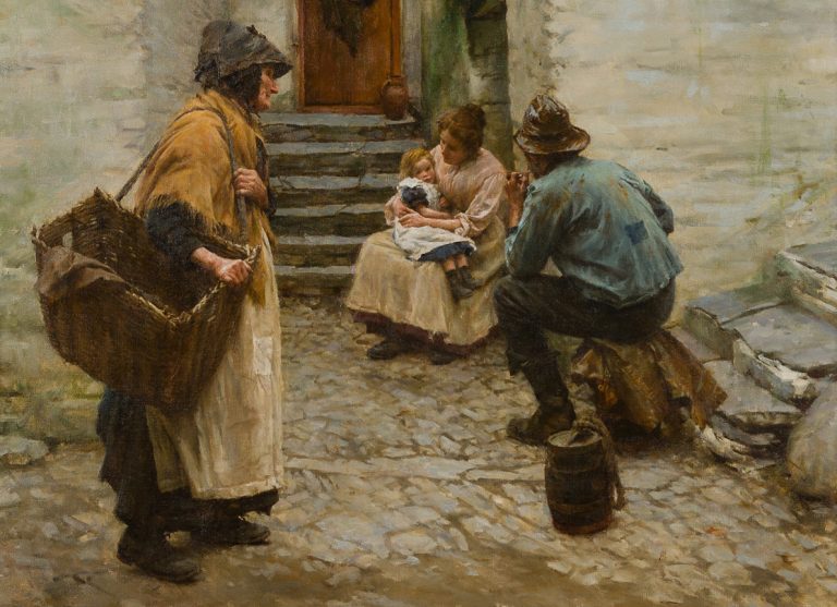 A rustic alley scene with three adults and a child. A woman with a basket walks by another sitting with a child, while a man in a cap observes nearby.