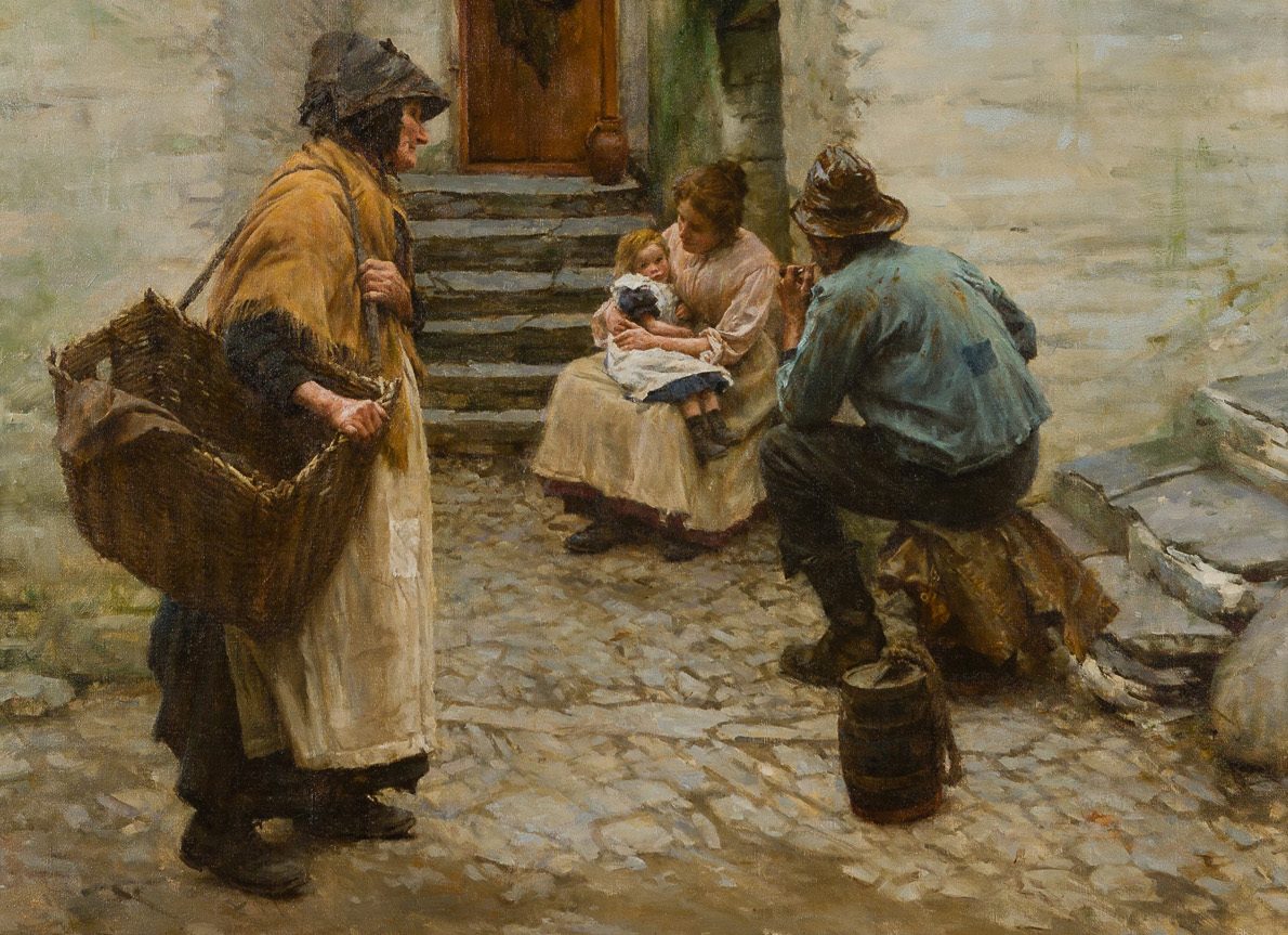 A rustic alley scene with three adults and a child. A woman with a basket walks by another sitting with a child, while a man in a cap observes nearby.