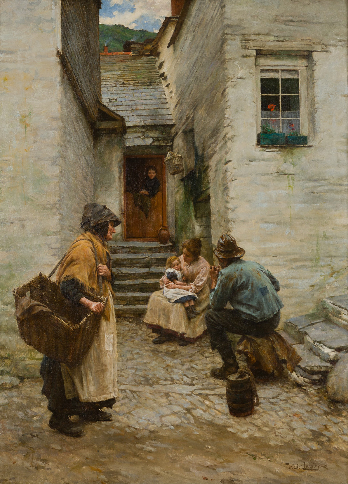 A rustic alley scene with three adults and a child. A woman with a basket walks by another sitting with a child, while a man in a cap observes nearby.